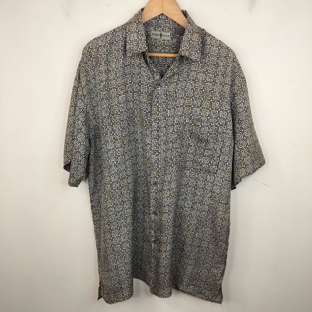 Robert Stock Vintage Silk Button Down Shirt Mens XL Geometric Retro Short Sleeve
